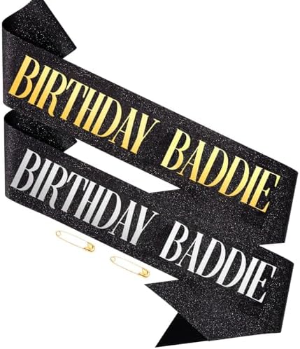 Birthday Baddie Sash 2pcs Black with Gold Silver Foil