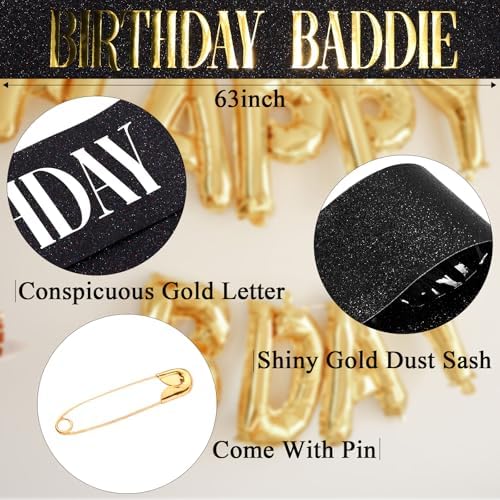 Birthday Baddie Sash 2pcs Black with Gold Silver Foil