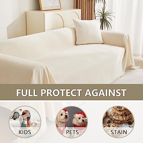 Boho Style Beige Sofa Cover with White Tassels