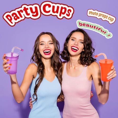 Haundry 24 Pack Neon Party Cups with Lids and Straws 1