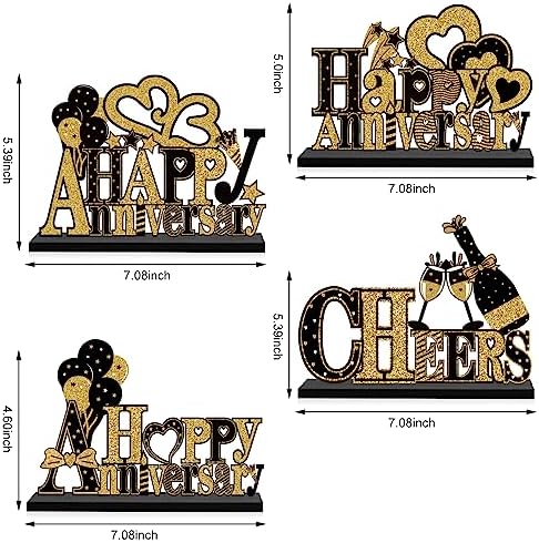 4 Pieces Wooden Anniversary Centerpieces with Black Gold Table Signs