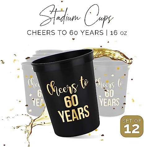 Cheers to 60 Years Old Birthday Cups 12-Pack 16oz