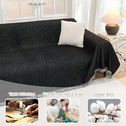 MYSKY HOME Black Chenille Sofa Slipcover for 2 Cushion L Shape Sectional