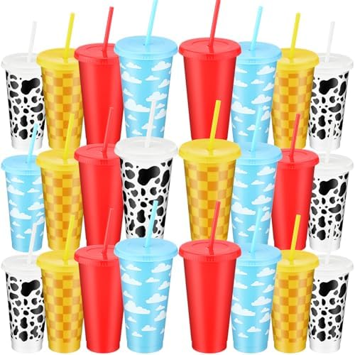 Havawish 24 Pcs Cartoon Story Party Cups with Lid and Straw