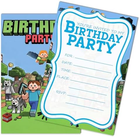 Gaming and Pixel Themed Birthday Invitations 20 Pack