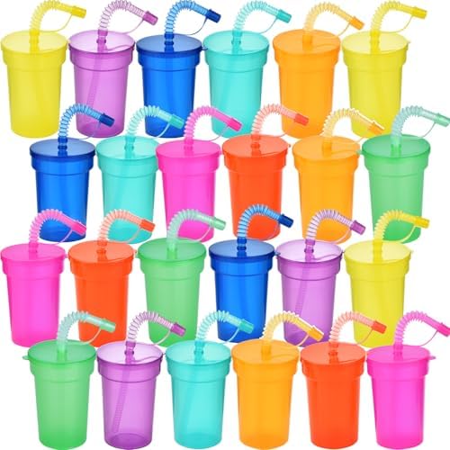 Haundry 24 Pack Neon Party Cups with Lids and Straws 1