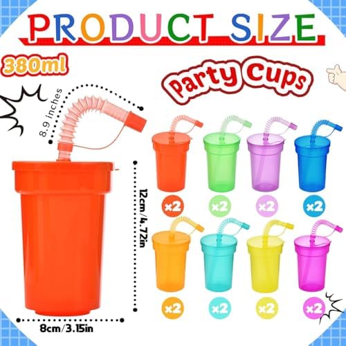 Haundry 24 Pack Neon Party Cups with Lids and Straws 1