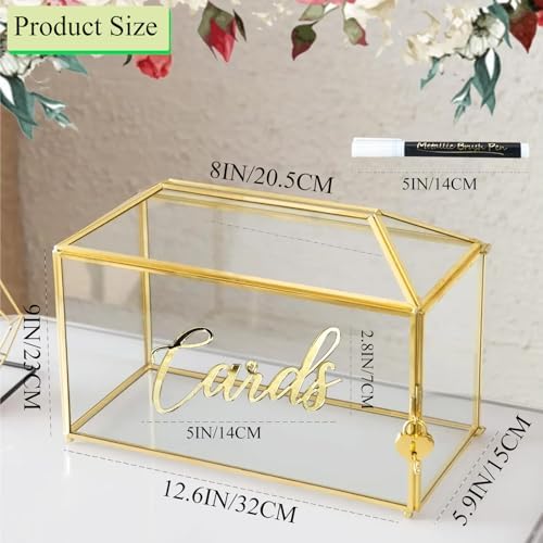 126 Inch Wedding Card Box with Lock - Gold Metal and Glass