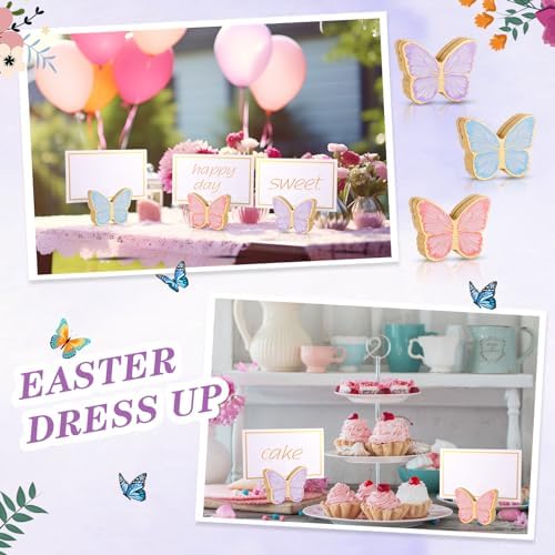 Kigley 18 Pcs Butterfly Wooden Place Card Holder with 25 Gold Foil Cards