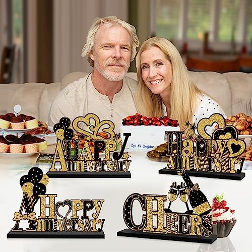 4 Pieces Wooden Anniversary Centerpieces with Black Gold Table Signs