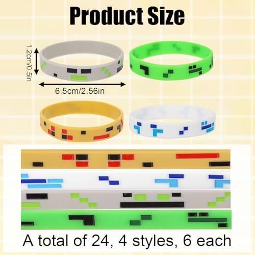 24pcs Pixel Miner Silicone Bracelets 4 Styles Party Favors for Gamers