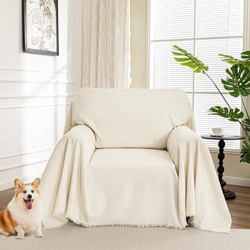 MYSKY HOME Oversized Chair Cover 71x91 Beige Sofa Slipcover with Tassels