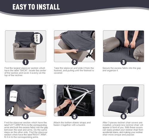 KinCam Recliner Chair Covers Charcoal Gray 1 Seater