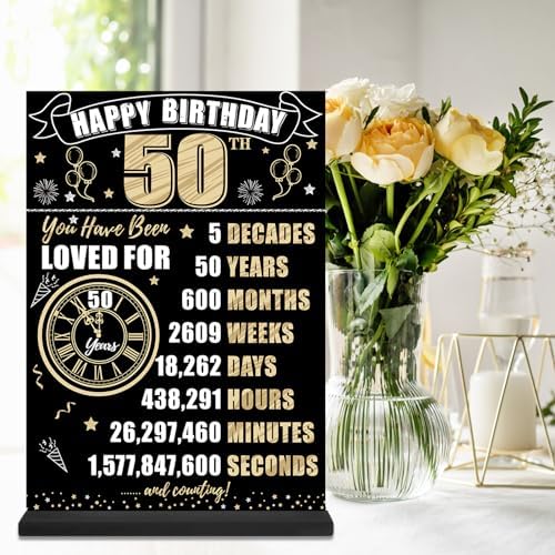Black Gold 50th Birthday Decorative Table Sign with Stand