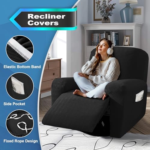 JIVINER 3 Piece Recliner Chair Cover with Pockets and Elastic Bottom
