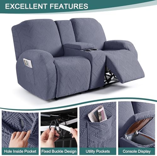 Ruaozz Stretch Loveseat Recliner Cover with Console 4-Piece Grey