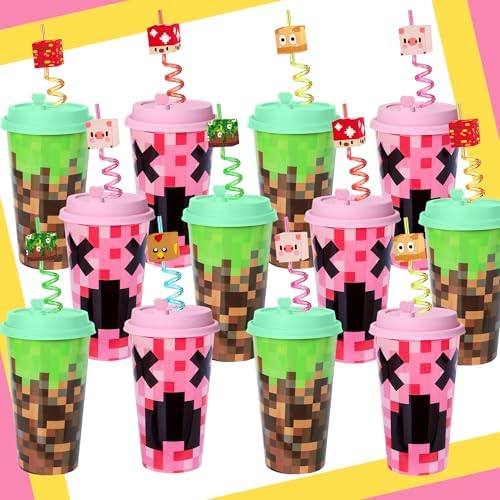 Lidmada Pixel Cups with Silly Straws 16 Oz Reusable Bulk