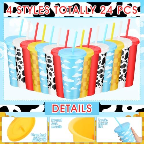 Havawish 24 Pcs Cartoon Story Party Cups with Lid and Straw