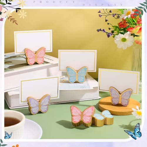 Kigley 18 Pcs Butterfly Wooden Place Card Holder with 25 Gold Foil Cards