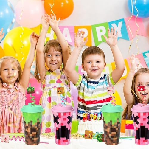Lidmada Pixel Cups with Silly Straws 16 Oz Reusable Bulk