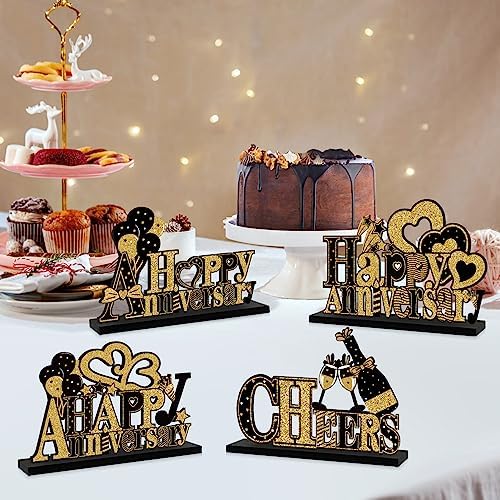 4 Pieces Wooden Anniversary Centerpieces with Black Gold Table Signs