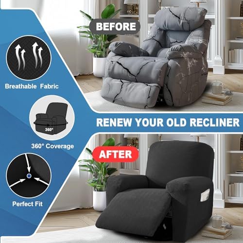 JIVINER 3 Piece Recliner Chair Cover with Pockets and Elastic Bottom