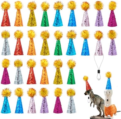 Mini Party Hats with Glitter and Pom Poms for Animal Figures Toys