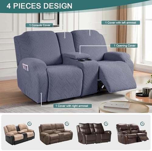 Ruaozz Stretch Loveseat Recliner Cover with Console 4-Piece Grey