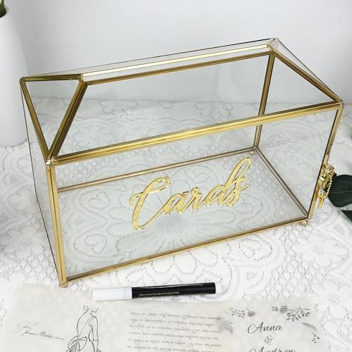126 Inch Wedding Card Box with Lock - Gold Metal and Glass