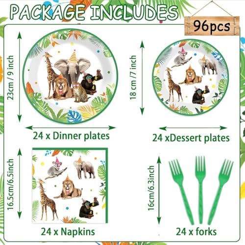 96Pcs Jungle Themed Plates and Napkins for Birthday Party