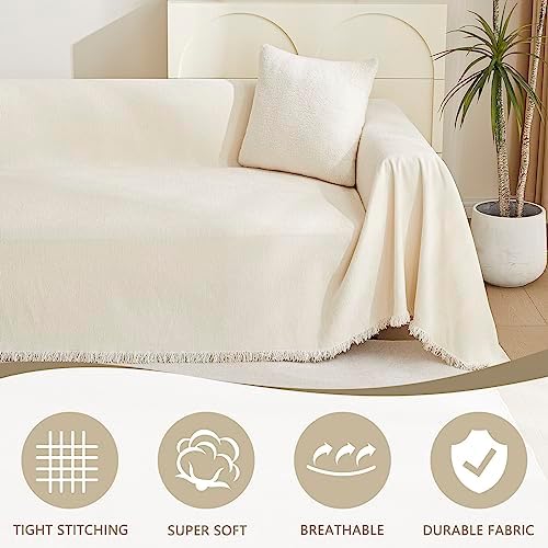 Boho Style Beige Sofa Cover with White Tassels