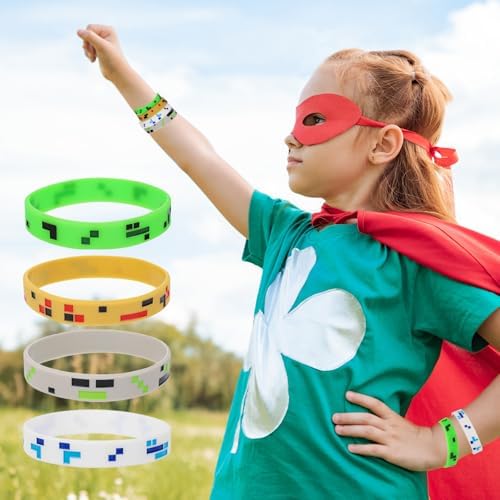 24pcs Pixel Miner Silicone Bracelets 4 Styles Party Favors for Gamers