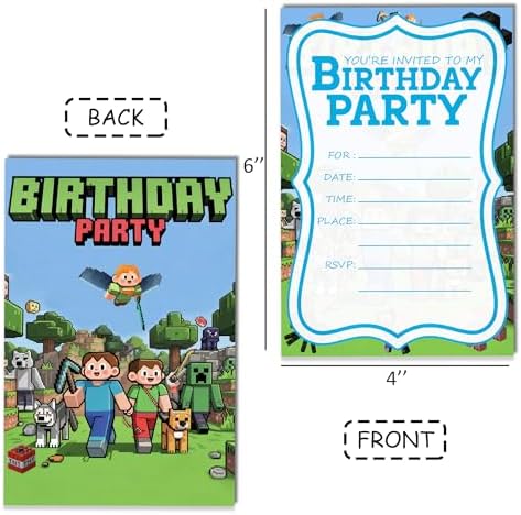 Gaming and Pixel Themed Birthday Invitations 20 Pack