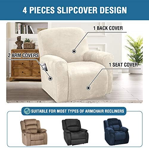 HVERSAILTEX Velvet Stretch Recliner Slipcovers 4-Piece Set Ivory