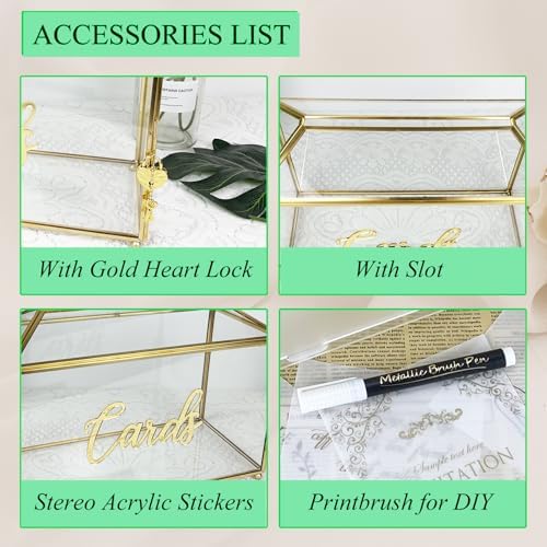 126 Inch Wedding Card Box with Lock - Gold Metal and Glass