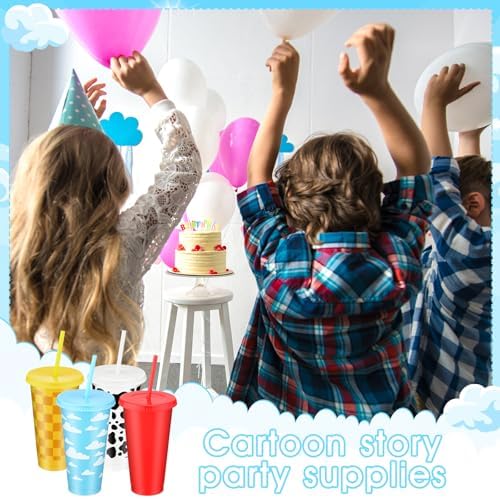Havawish 24 Pcs Cartoon Story Party Cups with Lid and Straw