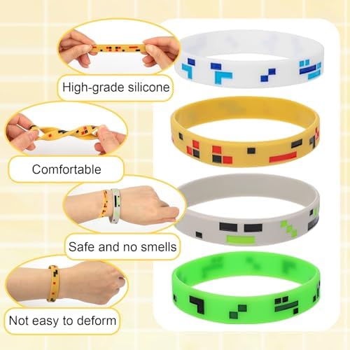 24pcs Pixel Miner Silicone Bracelets 4 Styles Party Favors for Gamers