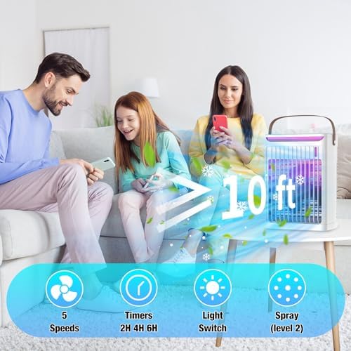 ATTLOOQ Portable Air Cooler with 5 Speeds and 7 LEDs