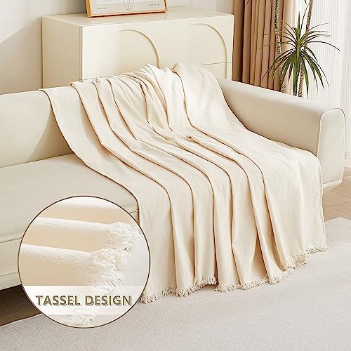 Boho Style Beige Sofa Cover with White Tassels