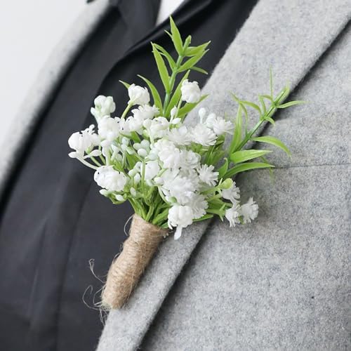 2PCS Artificial Babys Breath Boutonniere with Pin for Wedding Men