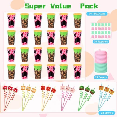 Lidmada Pixel Cups with Silly Straws 16 Oz Reusable Bulk