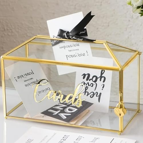 126 Inch Wedding Card Box with Lock - Gold Metal and Glass