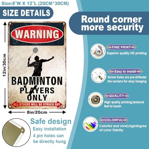 Badminton Warning Decor Sign Players Only 8x12 Inch
