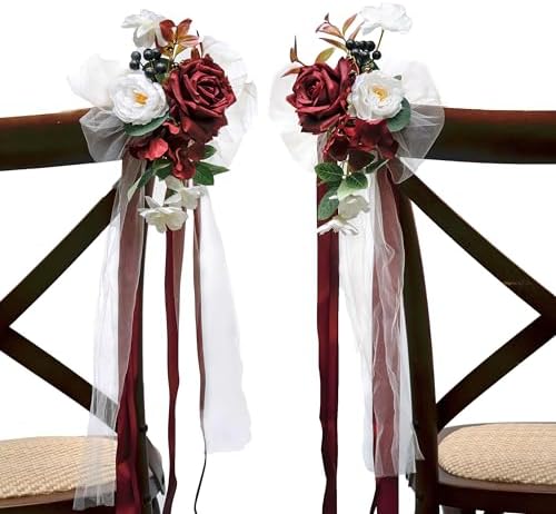 Burgundy Wedding Chair Back Flowers Set of 8