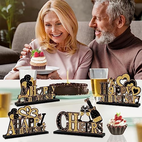 4 Pieces Wooden Anniversary Centerpieces with Black Gold Table Signs