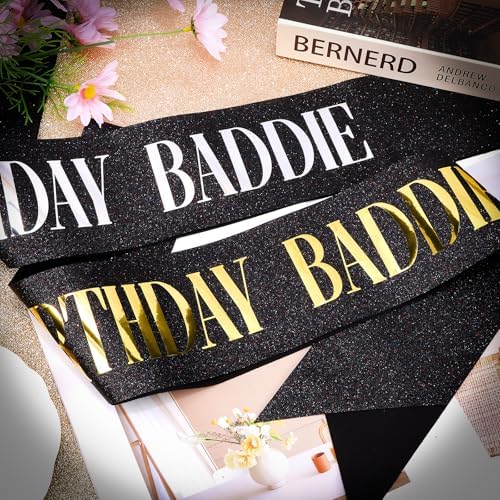 Birthday Baddie Sash 2pcs Black with Gold Silver Foil