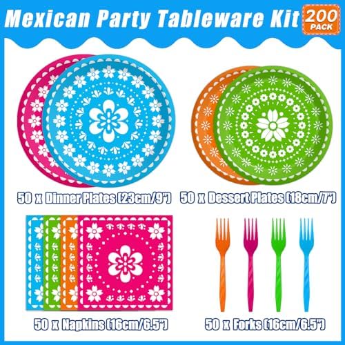 200Pcs Fiesta Party Plates Set for 50 Guests Mexican Theme
