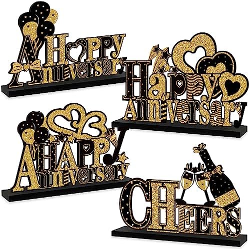 4 Pieces Wooden Anniversary Centerpieces with Black Gold Table Signs