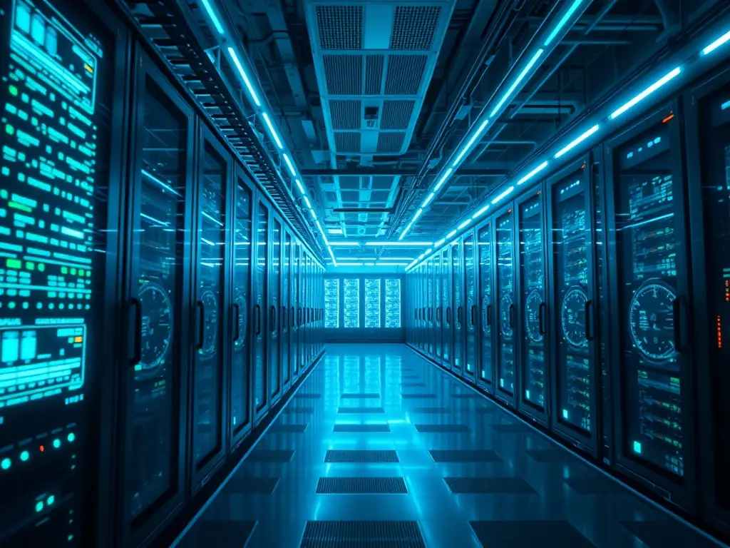 An image depicting a futuristic data center with glowing servers and complex network connections, symbolizing advanced technology infrastructure.