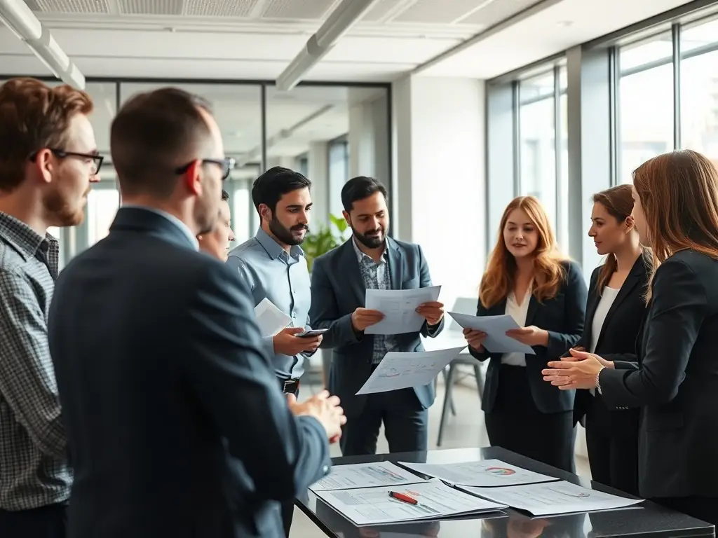 An image showcasing a team of consultants collaborating with a client in a modern office setting, discussing strategies and solutions.